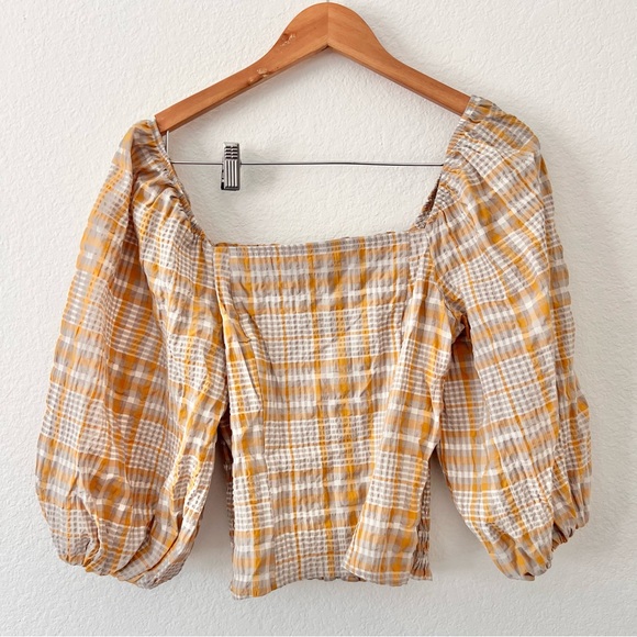 Anthropologie Maeve Tan and Mustard Yellow Plaid Puff Sleeve Top Sz XS NWT - Picture 2 of 6
